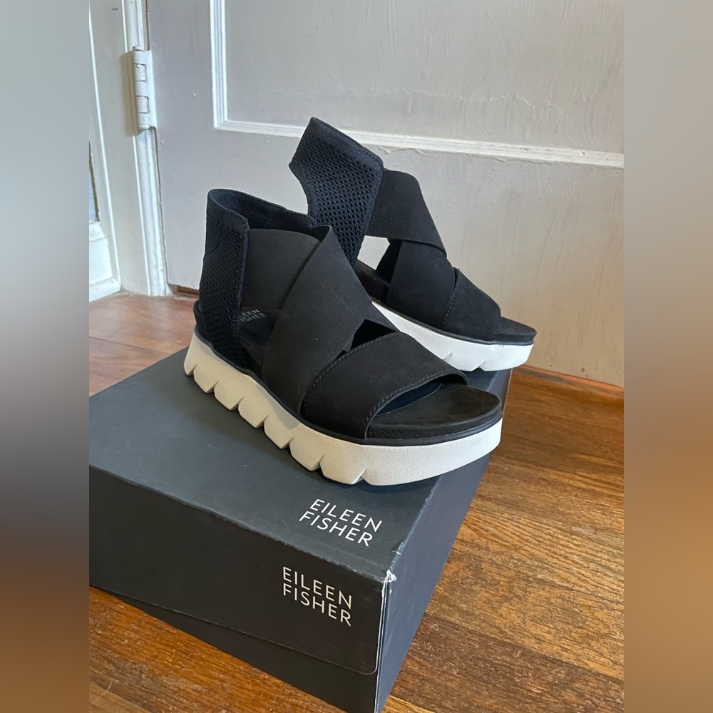 Eileen Fisher CHANT Black Crossover Elastic Slip-on Platform Sandal 6.5 NWT/BOX